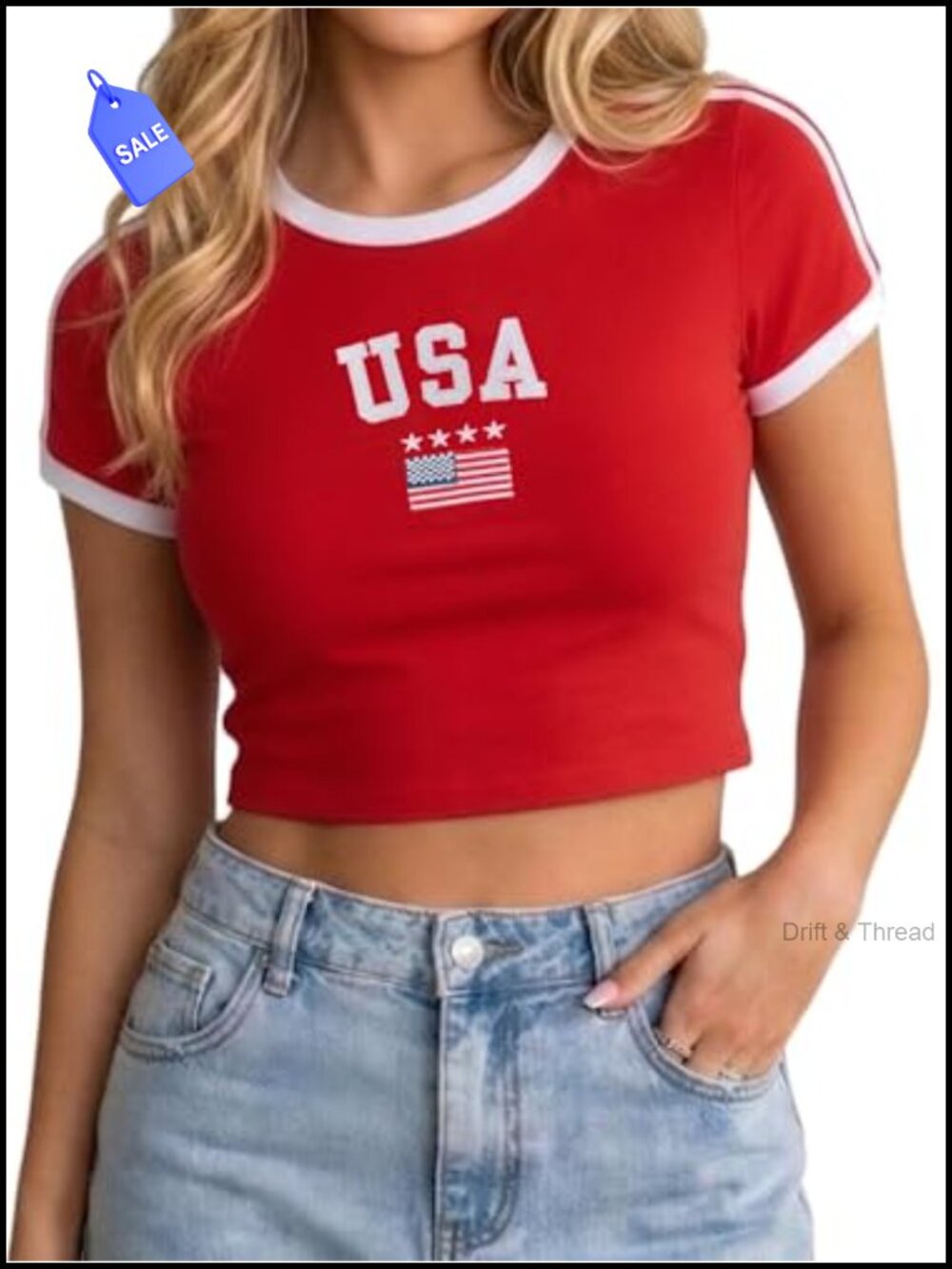 Crop Top Ringer Tee Slim Fit Short Sleeve Retro Sporty Tee